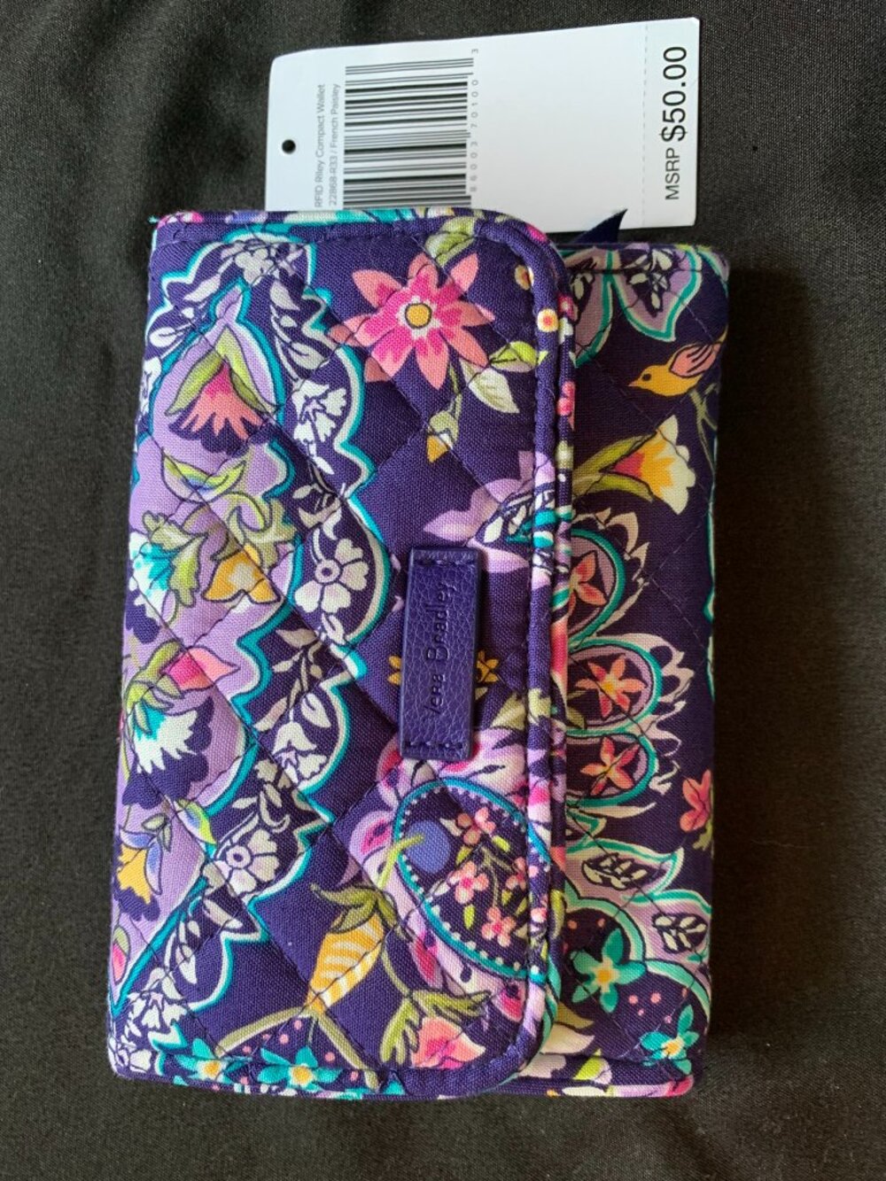 Vera Bradley Riley compact wallet RFID French paisley purple Trifold birds